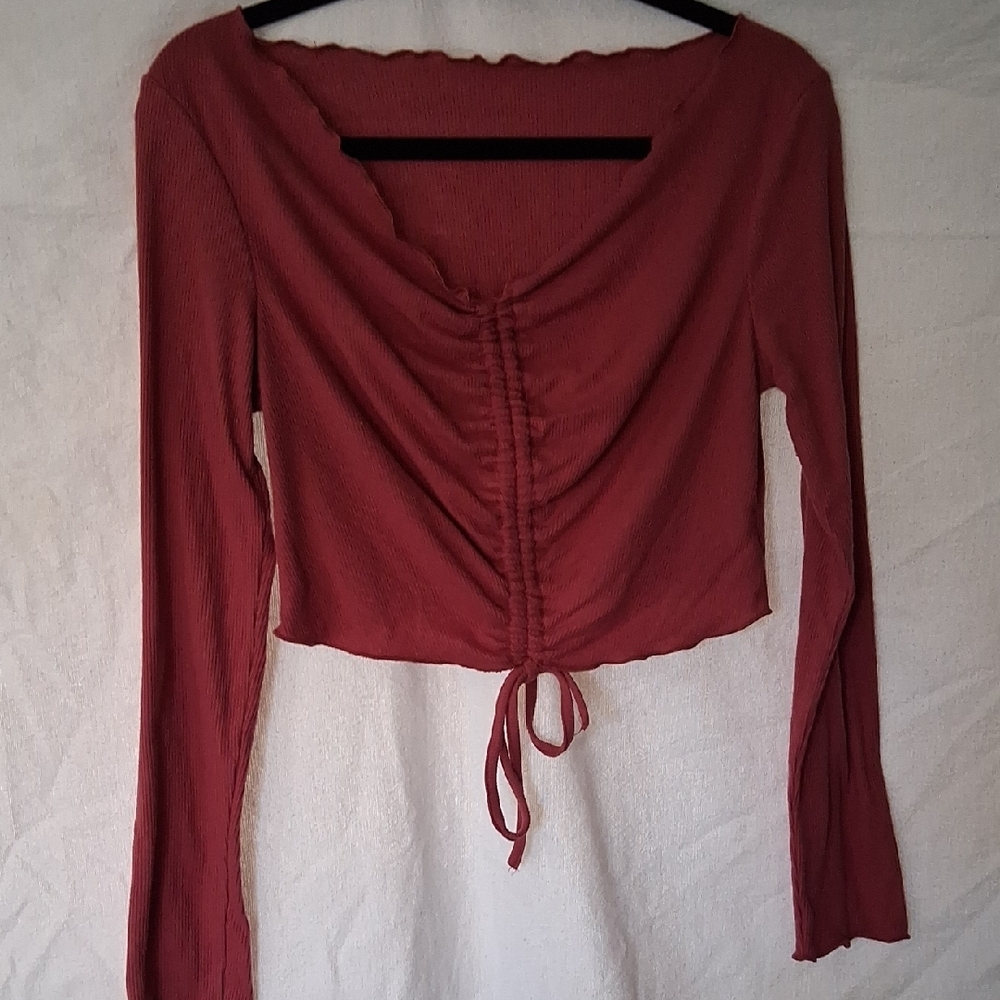 Red Ruched Crop Blouse with Tie Front